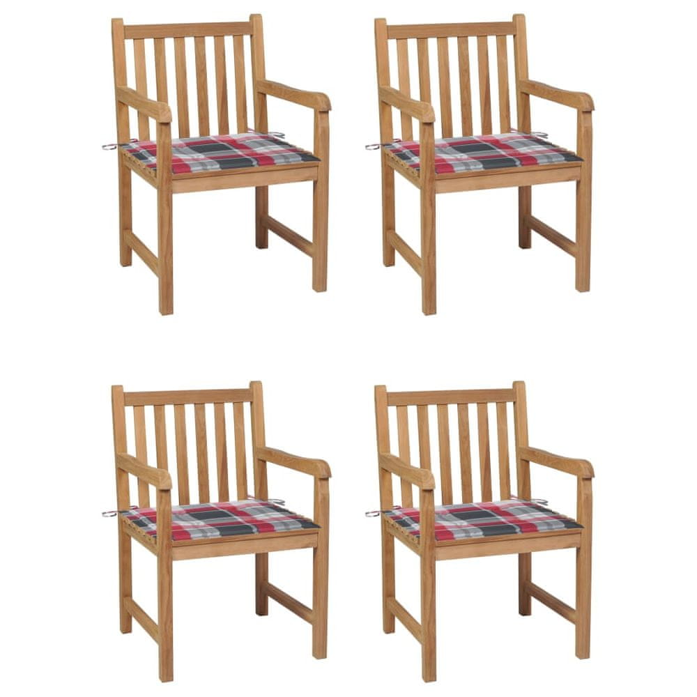Petromila vidaXL Záhradné stoličky 4 ks červené kockované podložky teakový masív